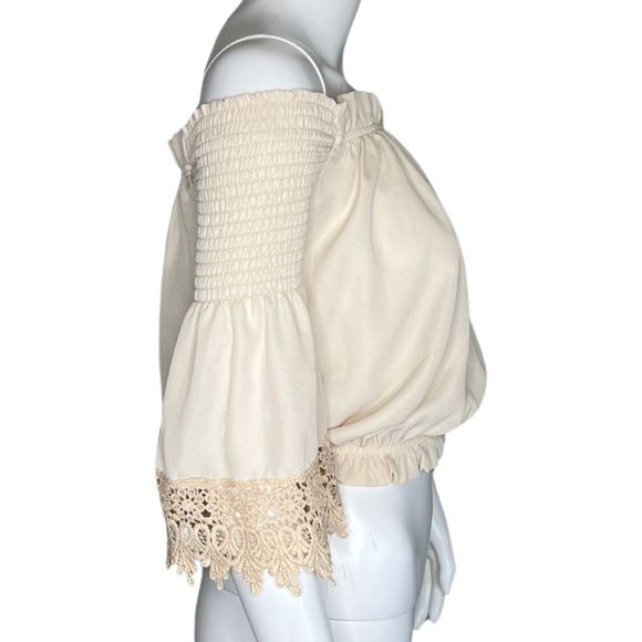 Revamped Shirt Womens XS Beige Bell Sleeve Lace Off The Shoulder Crop Neutral - Picture 2 of 7